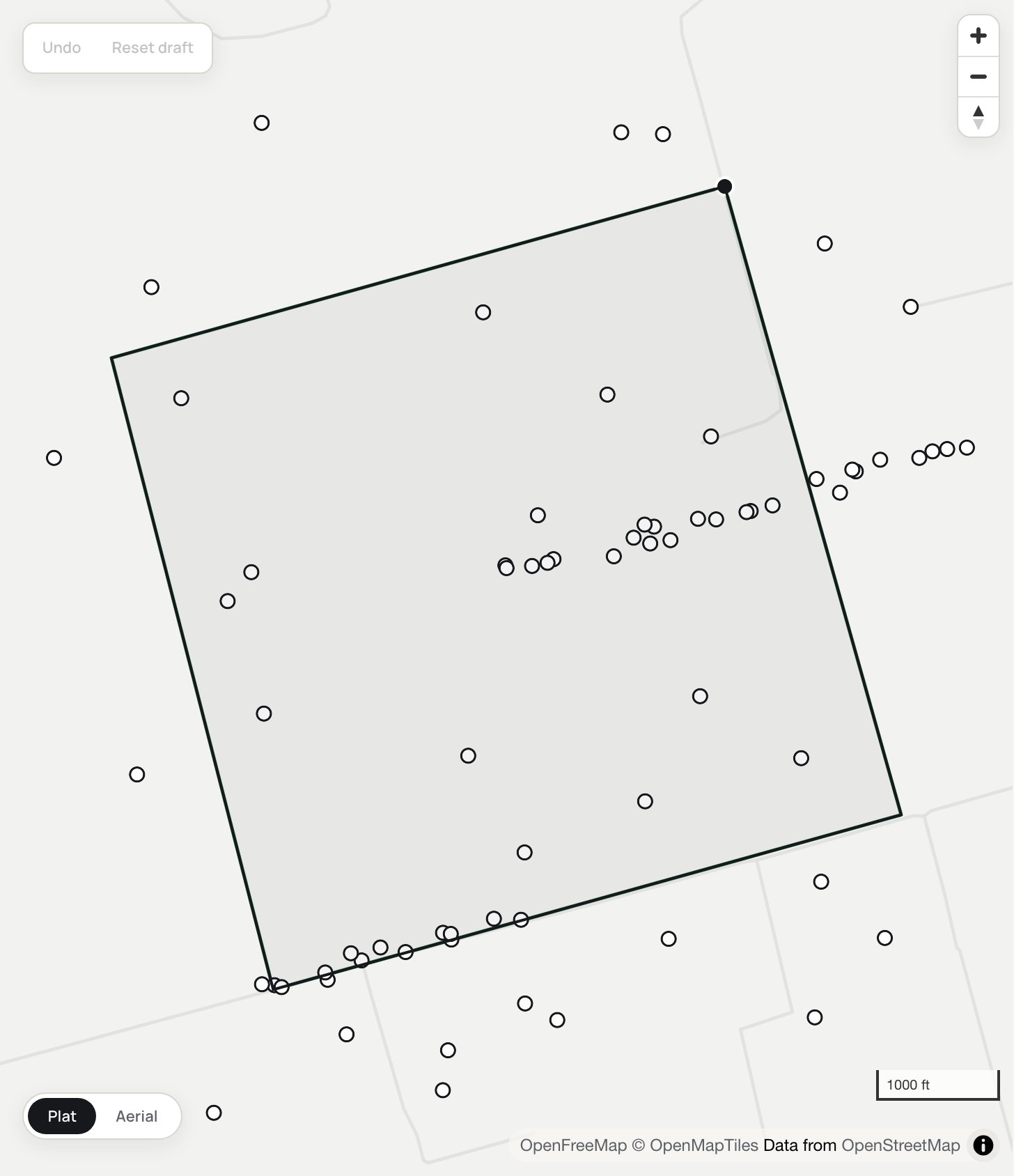 A drafted Martin County tract placed against survey geometry, point of beginning marked, with RRC-reported wells dotted in and around the boundary.