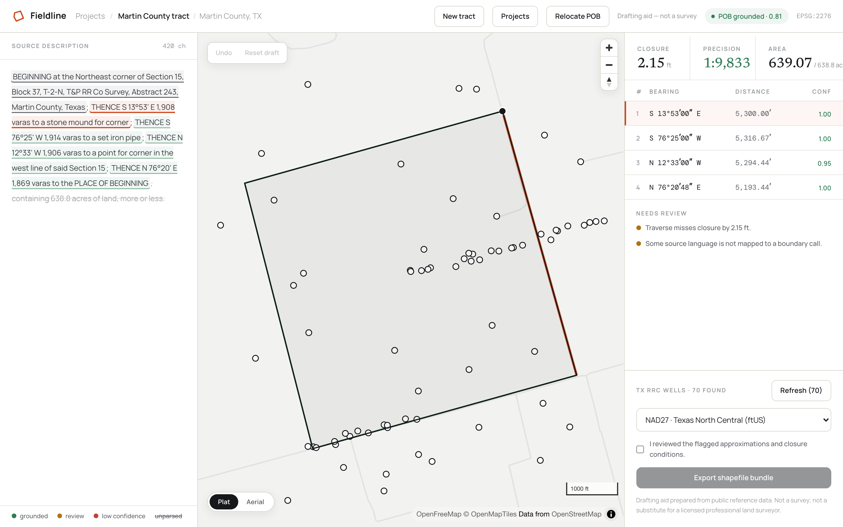 The full editor: deed text, map and calls table side by side, a selected call highlighted in all three panes, and seventy RRC wells on the map.