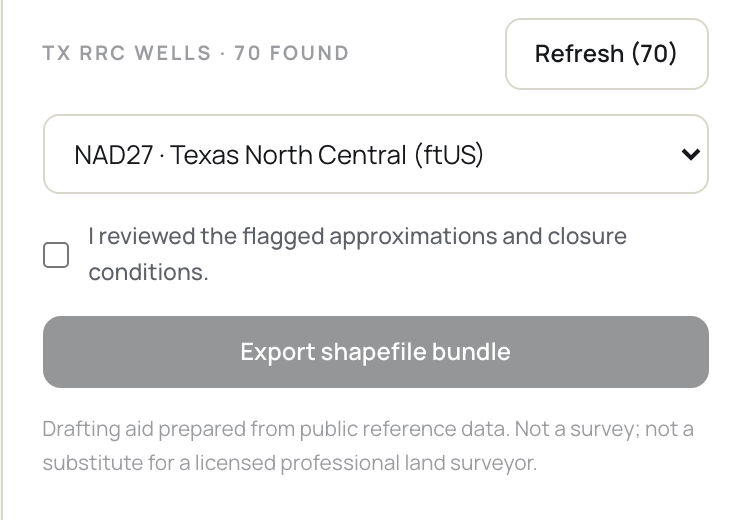 The export controls: Texas State Plane datum selection, the review confirmation, and the export button.