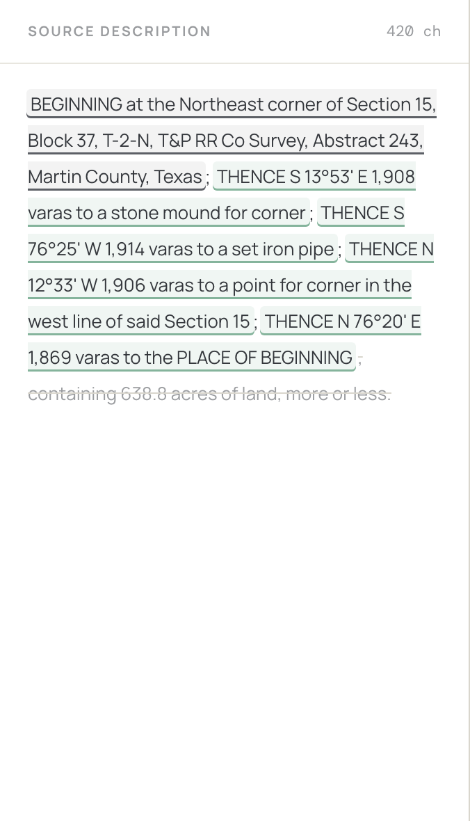 Deed text in the source pane with every grounded phrase underlined and colour-coded by confidence.